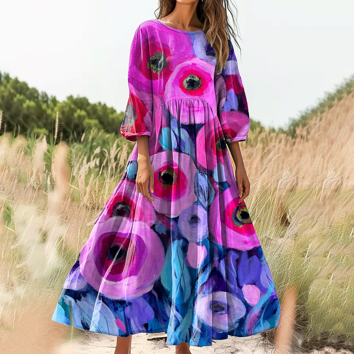 Women's Floral Art Print Cotton Crew Neck Dress