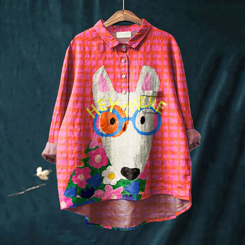 Comstylish Art Dog Print Lapel Long Sleeve Shirt