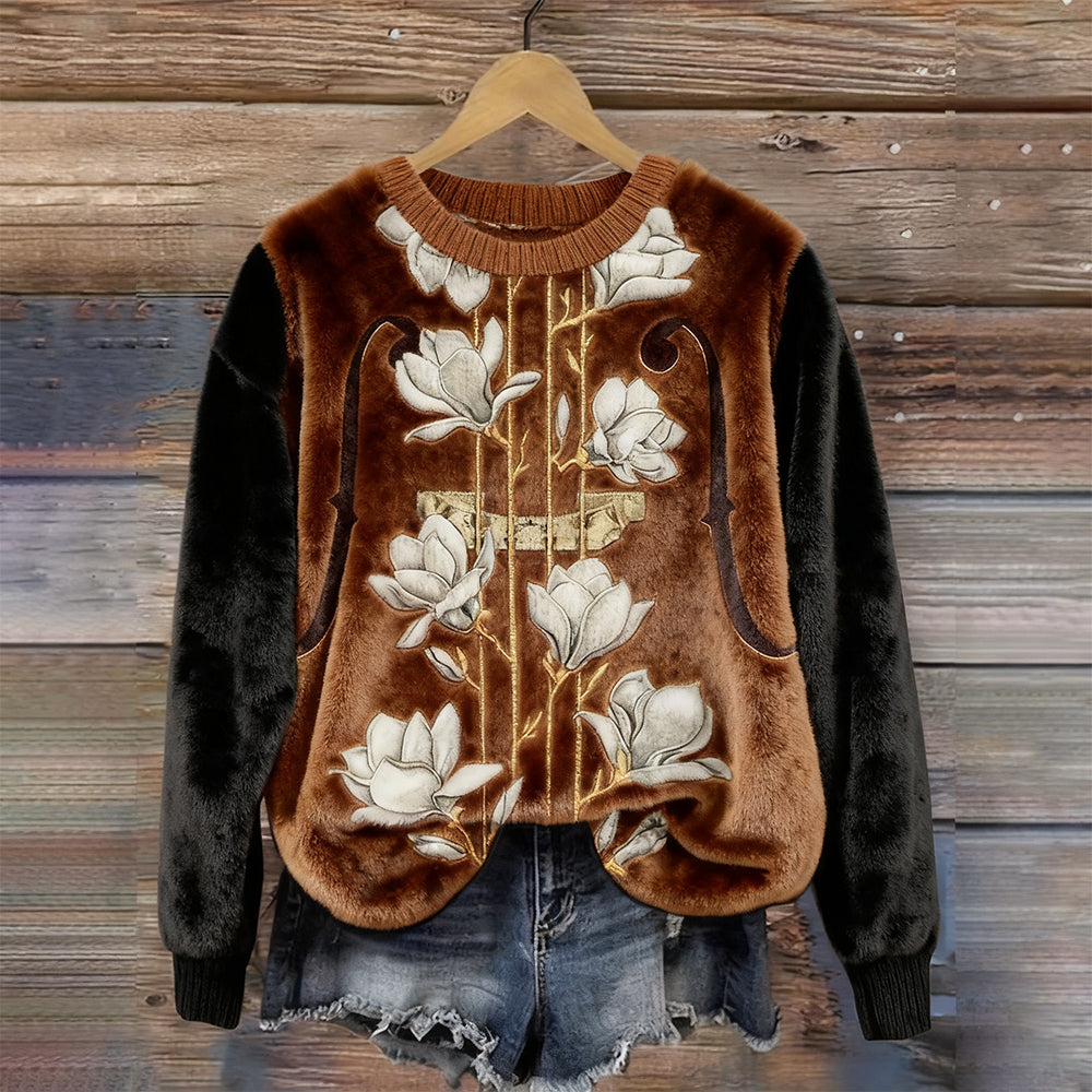 Comstylish Vintage Floral Violin Inspired Pattern Plush Sweatshirt