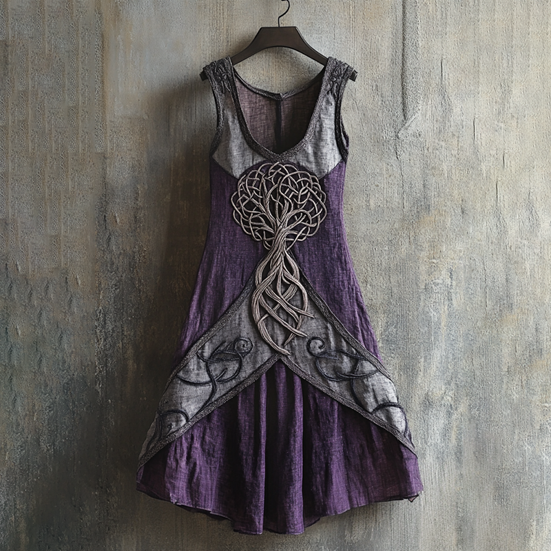 Vintage Viking Tribal Celtic Knot Tree Of Life Patchwork Art Linen Tank Dress artswardrobe