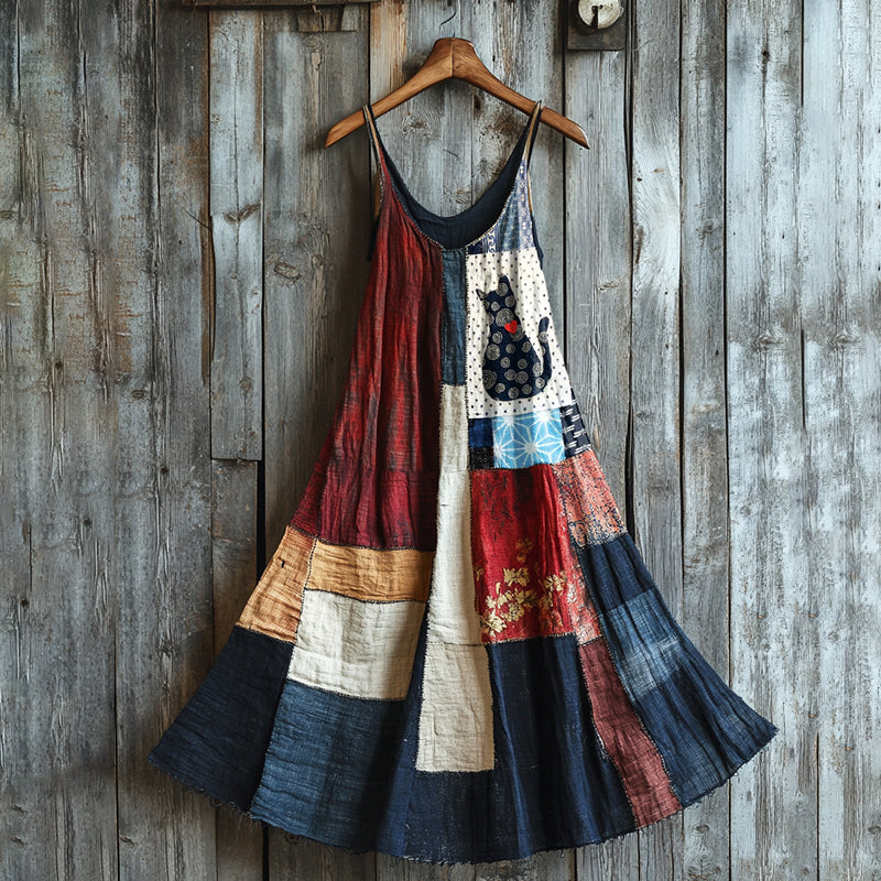 Retro Sashiko Cute Cat Patchwork Maxi Dress elevenforest