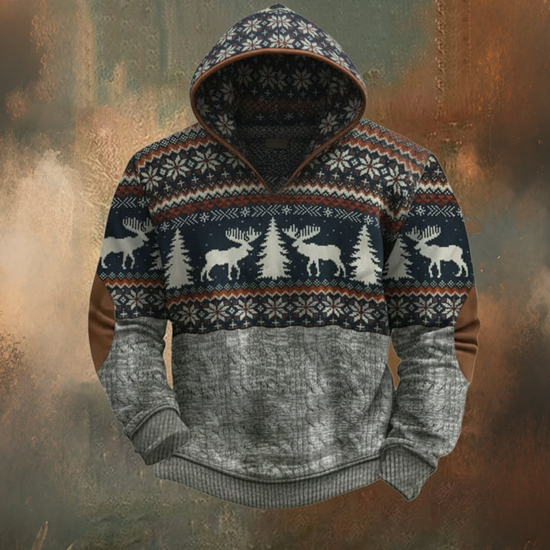 Comstylish Men's Vintage Merry Christmas Deer Art Hooded Flannel Sweatshirt