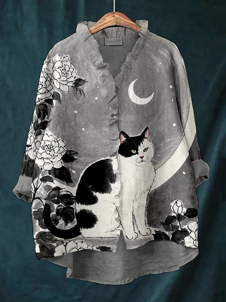 Comstylish Cat In The Moonlight Graphic Linen Ruffle Shirt