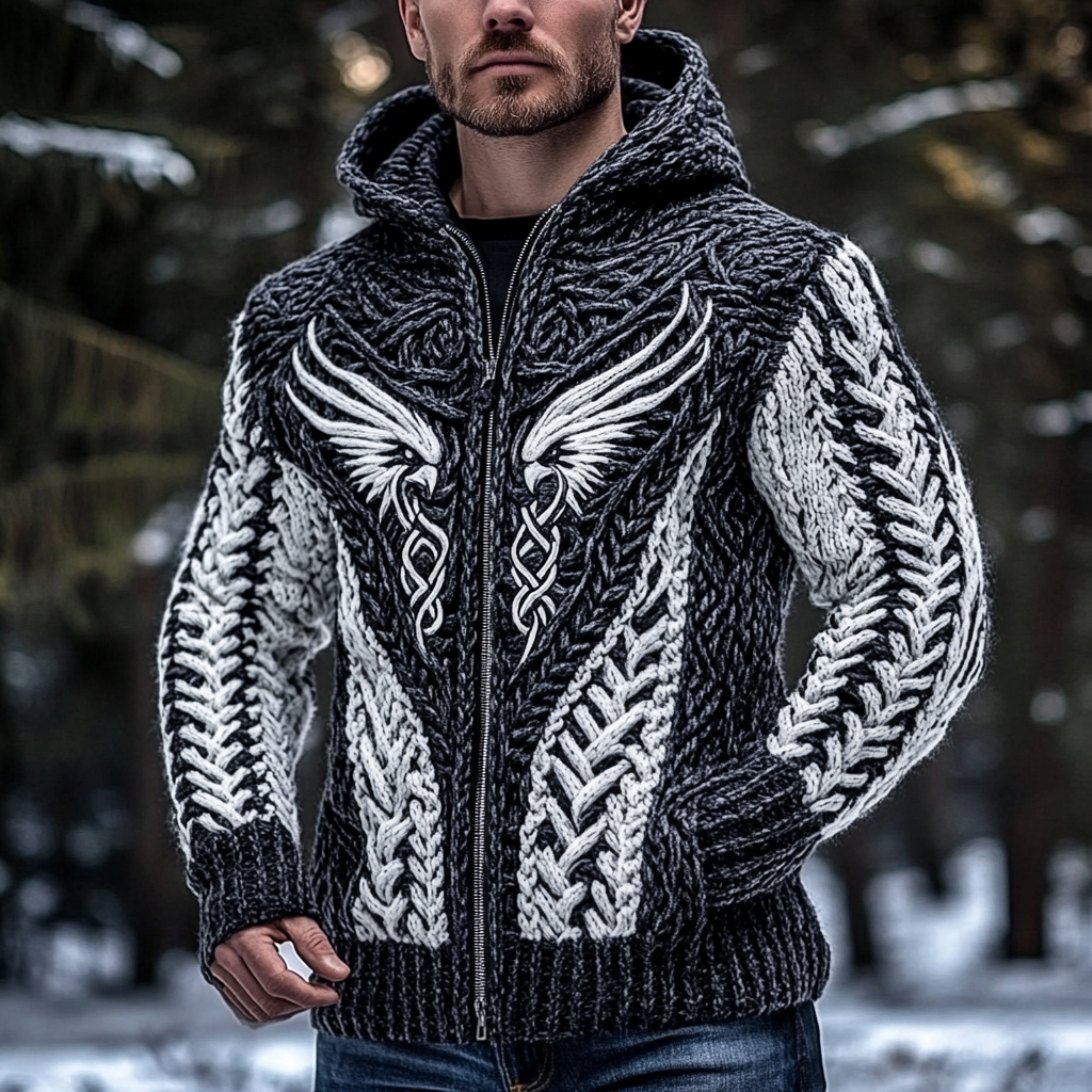 Men's Viking Bird Style Celtic Thick Zip Hooded Sweater elevenforest