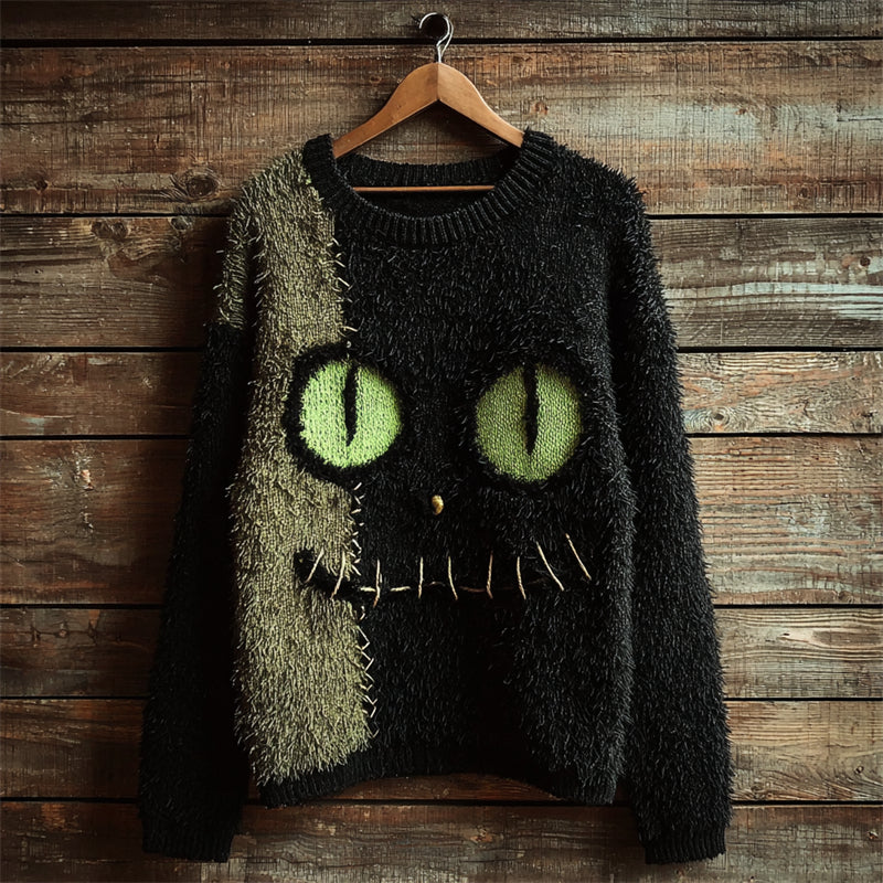 Halloween Fuzzy Black Cat Inspired Contrast Cozy Knit Sweater artswardrobe