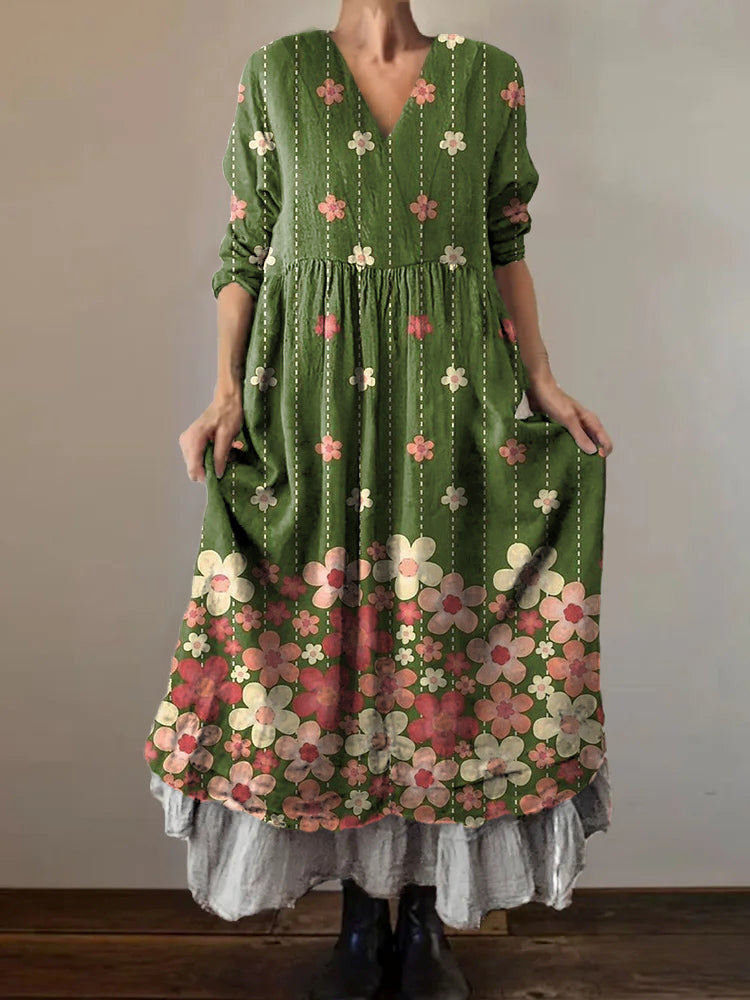 Women's Floral Art Print V-Neck Pocket Cotton Dress