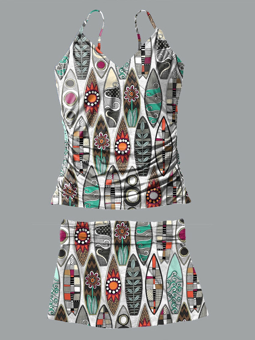 V-Neck Retro Ethnic Surfboard Pattern Print Suspender Skirt Tankini Pantskirt Set Swimsuit