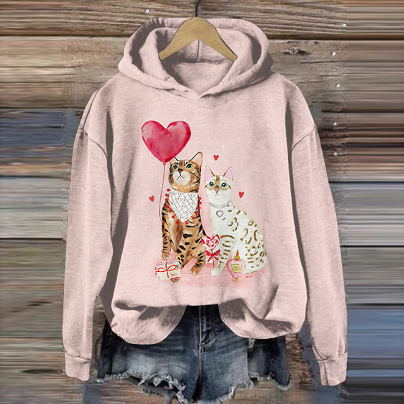 Women's Valentine's Day Cat Art Casual Hoodie elevenforest