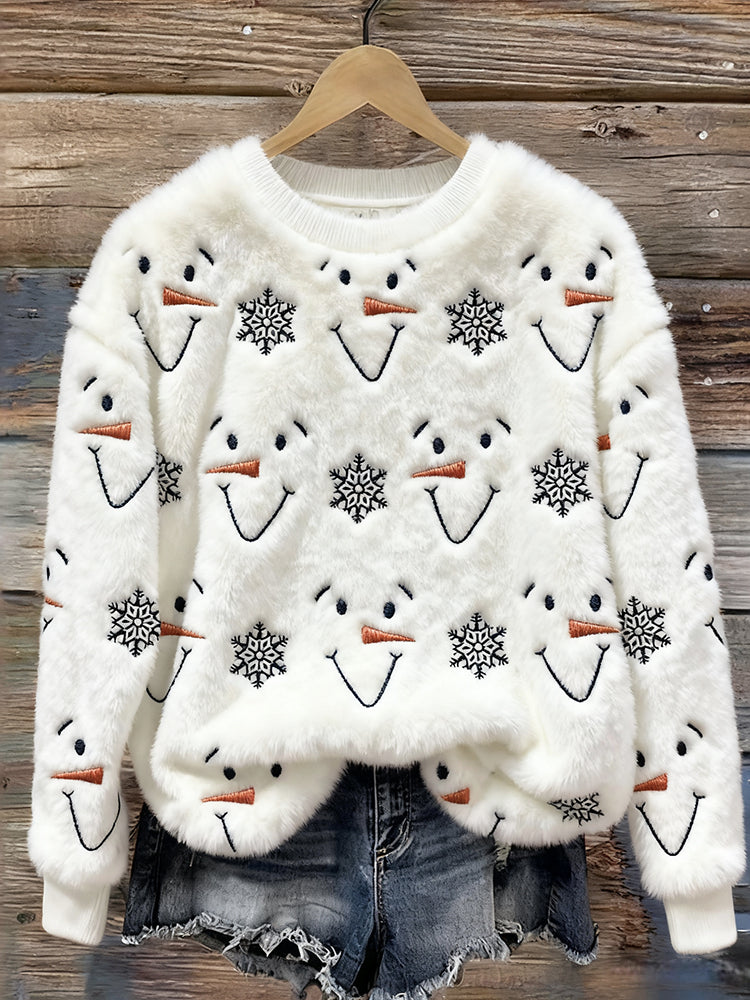 Snowman Faces & Snowflakes Embroidered Cozy Plush Sweatshirt