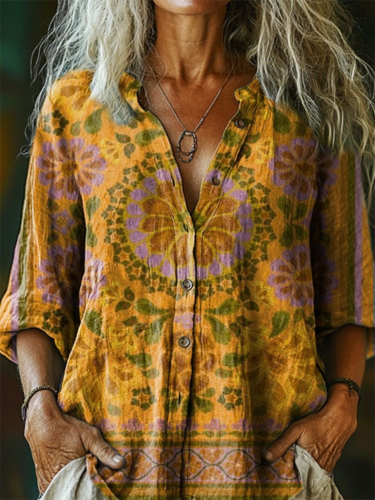 Women's Vintage Floral Tattoo Pattern Art Print Casual Cotton Linen Sh