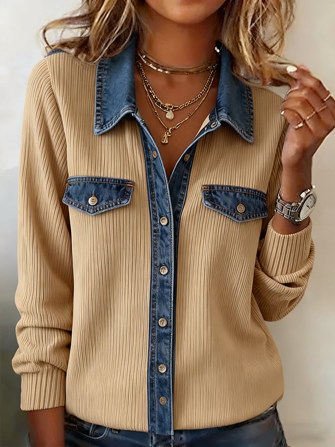 Women'S Casual Lapel Contrast Color Stitching Shirt