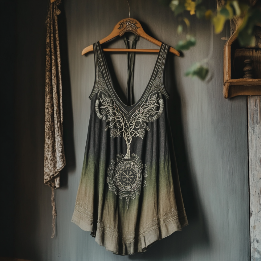 Vintage Tribal Celtic Knot Life Of Tree Gradient Art Print Women's Linen Tank Top artswardrobe