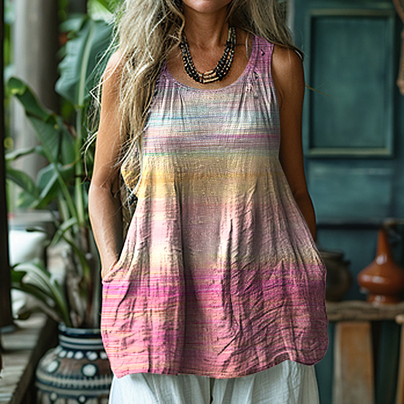 Women's Retro Cancer Awareness Ribbon Art Gradient Style Linen Sleeveless Tank Top artswardrobe