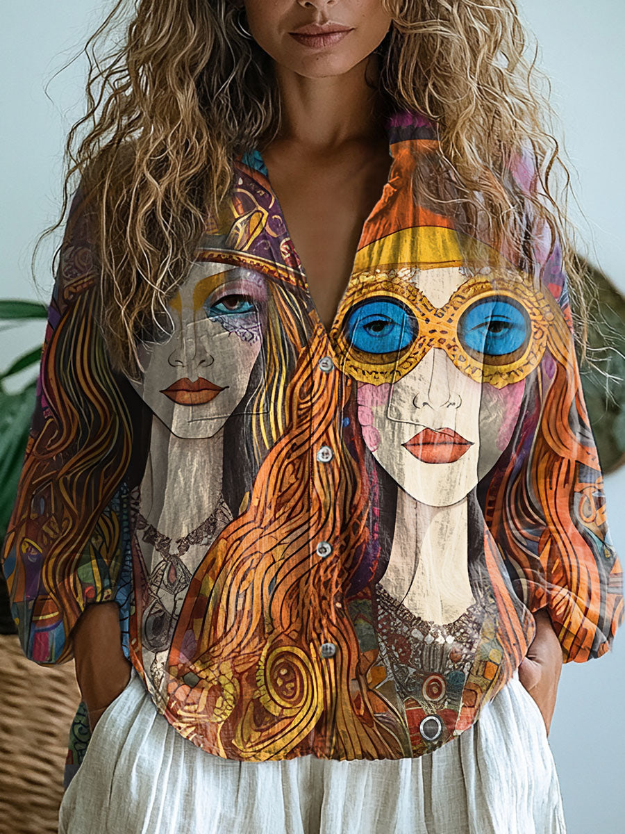 Women's Hippie Lady Print Casual Long Sleeve Comfortable Cotton Shirt