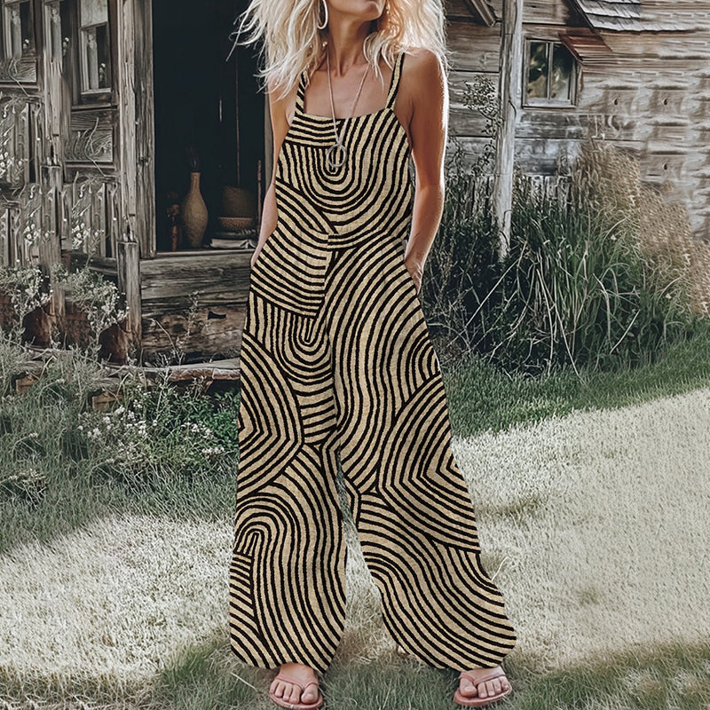 Vintage Stripe Pattern Women's Linen Blend Loose Fit Comfy Jumpsuit artswardrobe