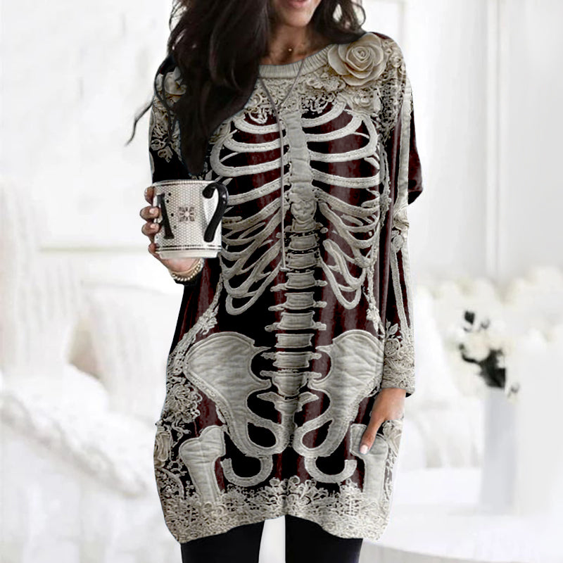 Women's Halloween Skeleton Bones With Rose Art Cozy Knit Turtleneck Mini Sweater Dress artswardrobe