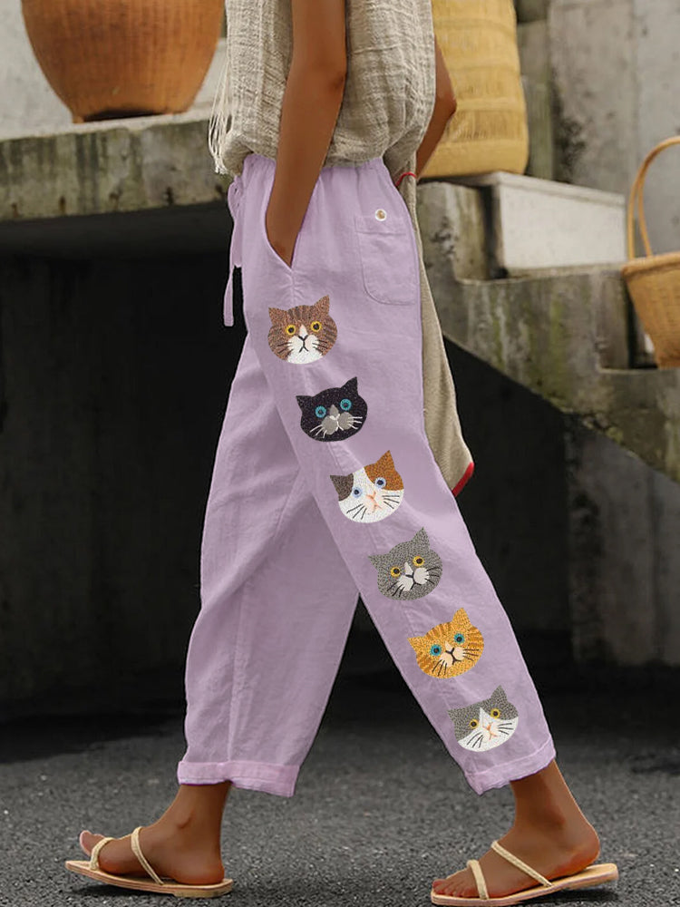 Cute Cats Animal Embroidery Pattern Linen Pants elevenforest