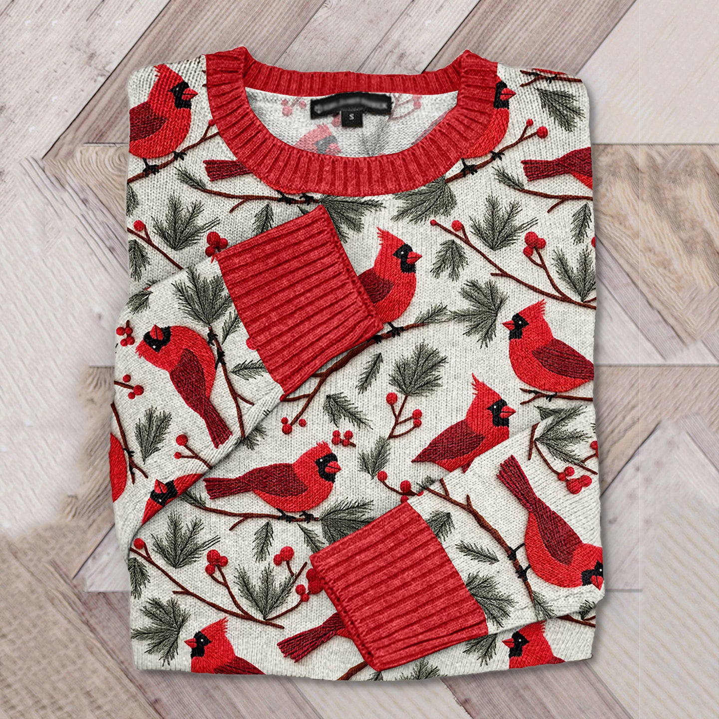 Comstylish Christmas Cardinal & Pine Tree Embroidery Cozy Knit Sweater