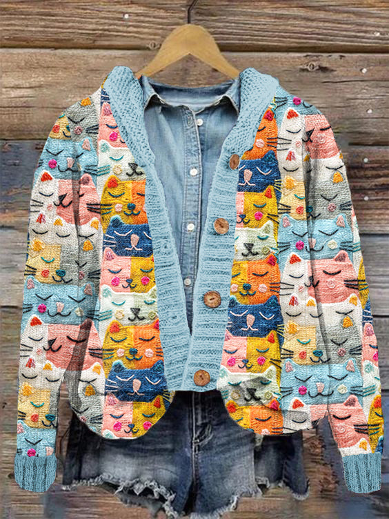 Cute Cats Pattern Cozy Knit Cardigan elevenforest