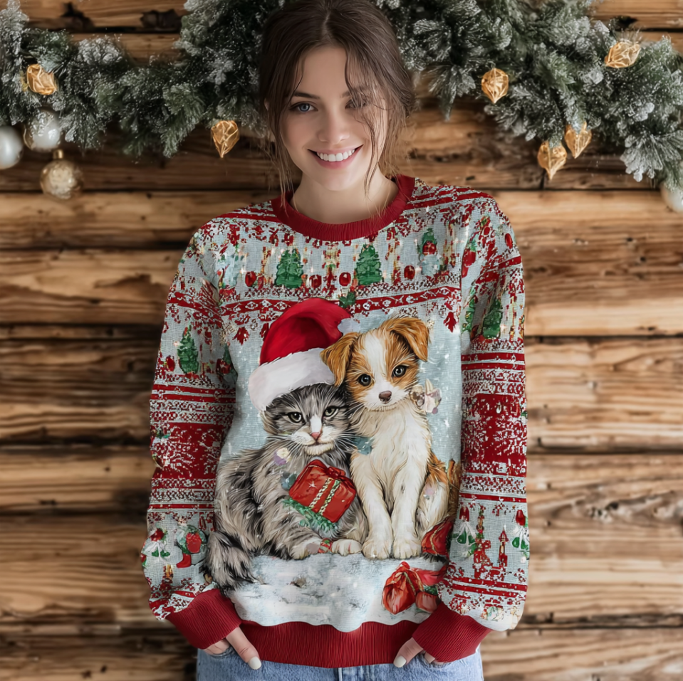 Comstylish Merry Christmas Warm Pet Design Women's Round Neck Sweatshirt