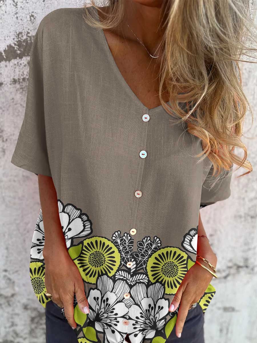 Women's Elegant Floral Shirt Style Cotton and Linen Top