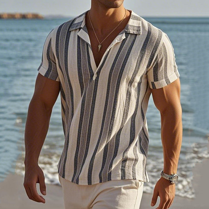 Men's Casual Vacation Cotton And Linen Striped T-shirt artswardrobe