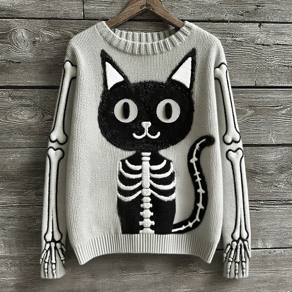 Comstylish Halloween Cat Skeleton Knitted Jacquard Crew Neck Sweater
