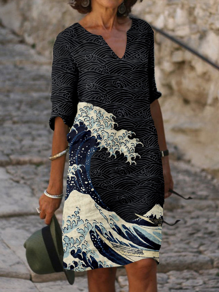 Japanese Wave Inspired Graphic Notch Neck Midi Dress