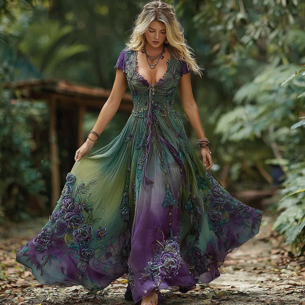 Women's Vintage Floral Gradient V-neck Short Sleeves Maxi Dress artswardrobe