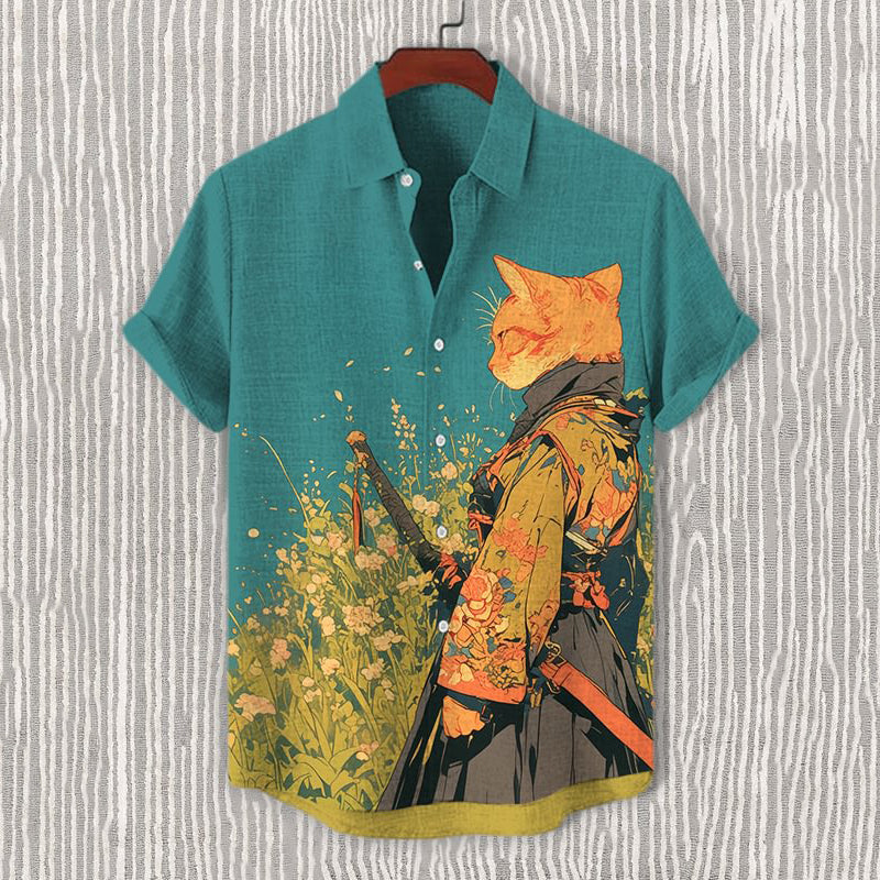 Fall Japanese Cat Elegant Kimono Samurai Cat In The Field Painting Art Linen Blend Cozy Shirt elevenforest