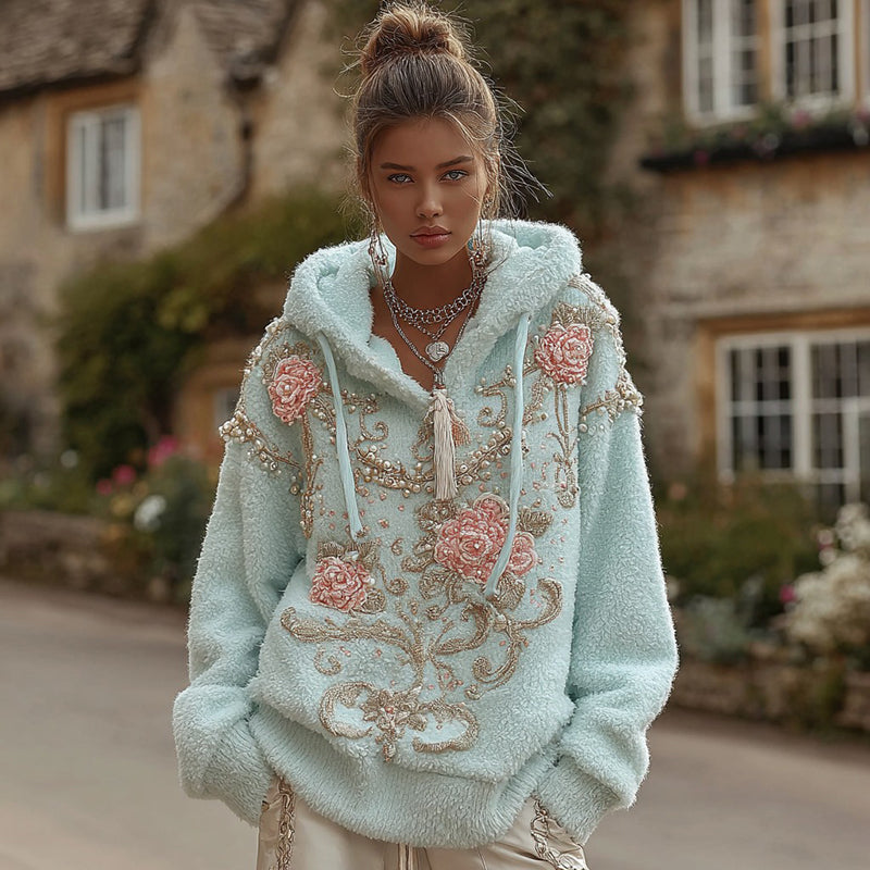 Women's Vintage Bohemian Embroidered Flannel Hoodie artswardrobe