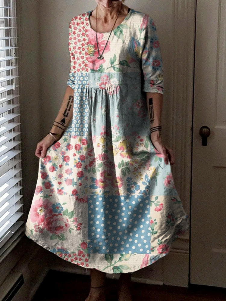Women's Vintage Floral Patchwork Art Print Pocket Cotton Dress