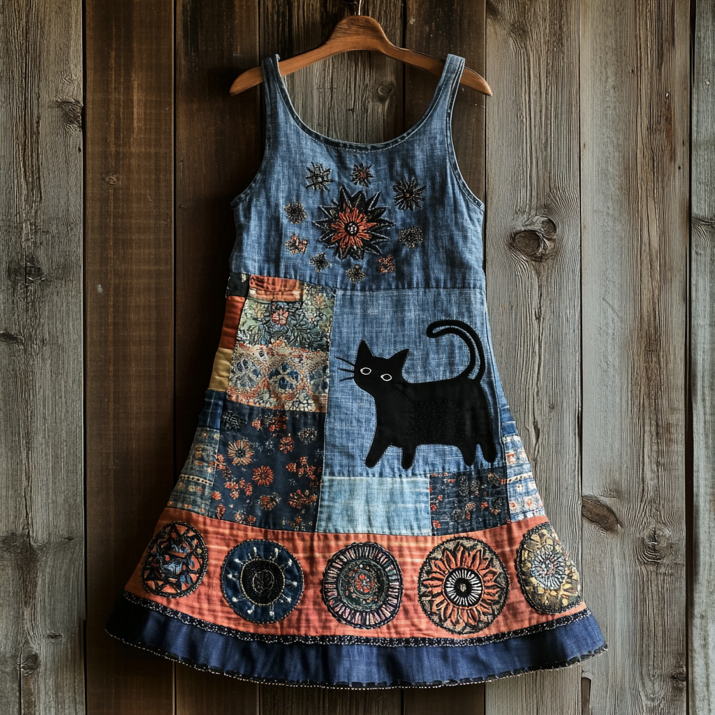 Women's Retro Cat And Mandala Pattern Sleeveless Dress elevenforest