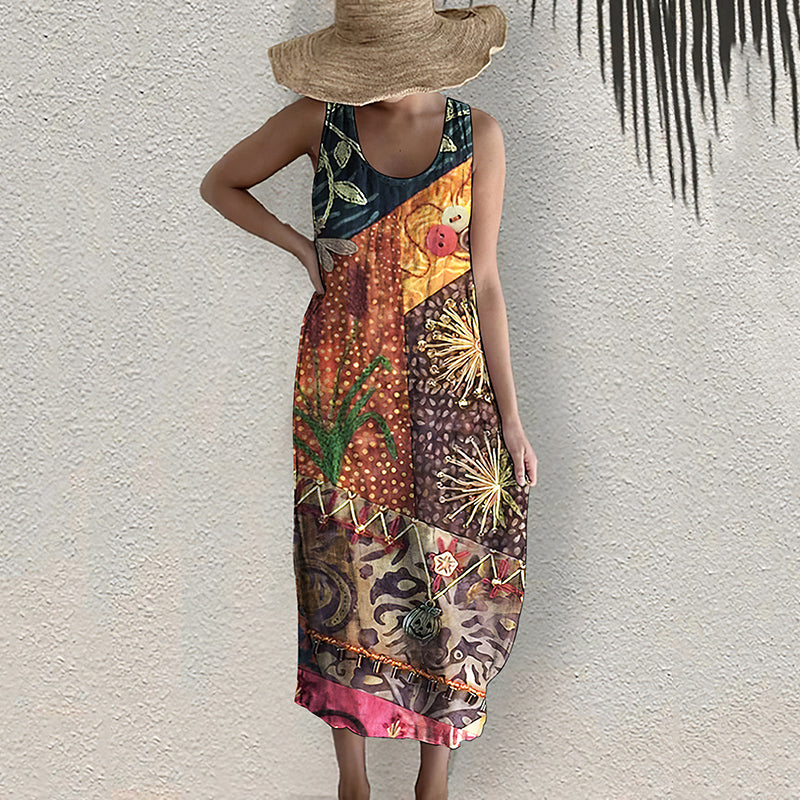 Vintage Bohemian Geometric Art Linen Blend Dress artswardrobe