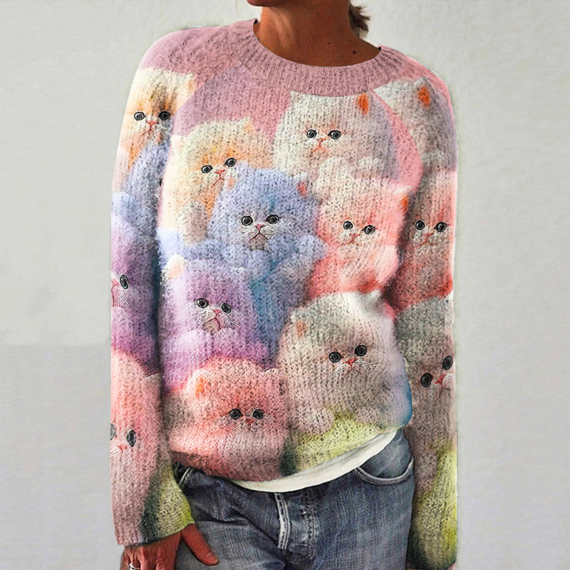 Women'S Crew Neck Sweater With Cute Kitten Pattern elevenforest