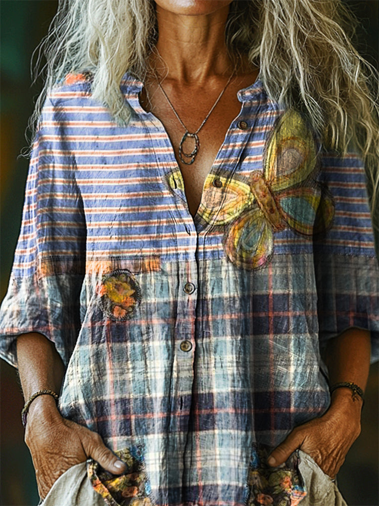 Women's Vintage Butterfly Patchwork Art Print Casual Cotton Linen Shir