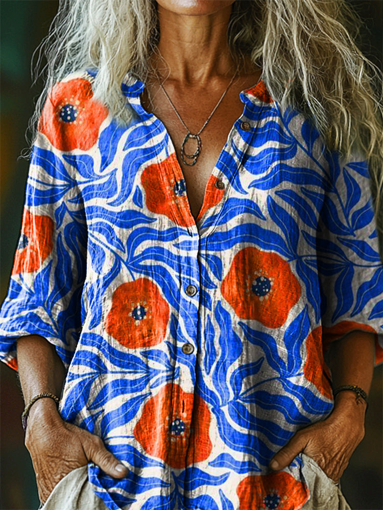Women's Bohemian Floral Art Print Casual Cotton Linen Shirt