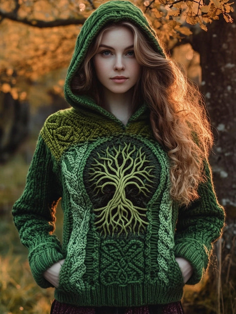 Viking Tree Of Life Knit Pattern Women's Hooded Sweater elevenforest