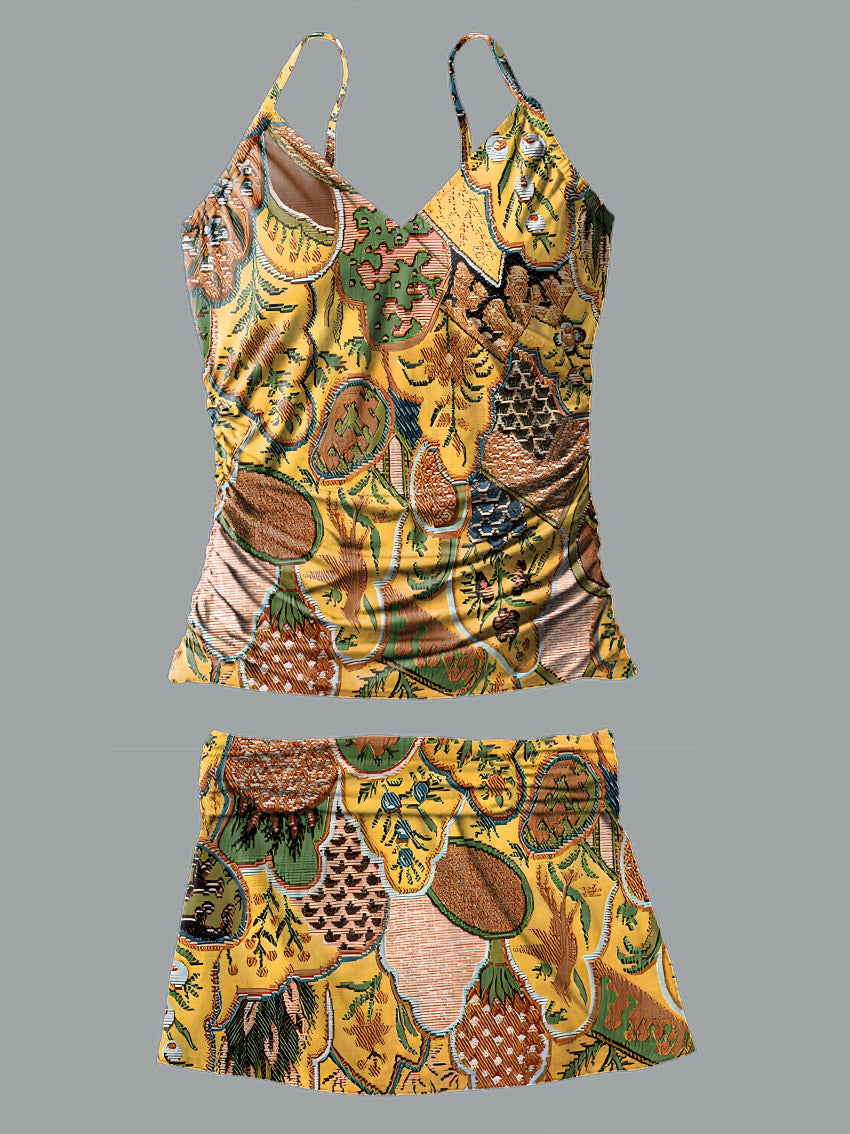 V-Neck Vintage Ethnic Floral Art Print Suspender Skirt Tankini Pantskirt Set Swimsuit