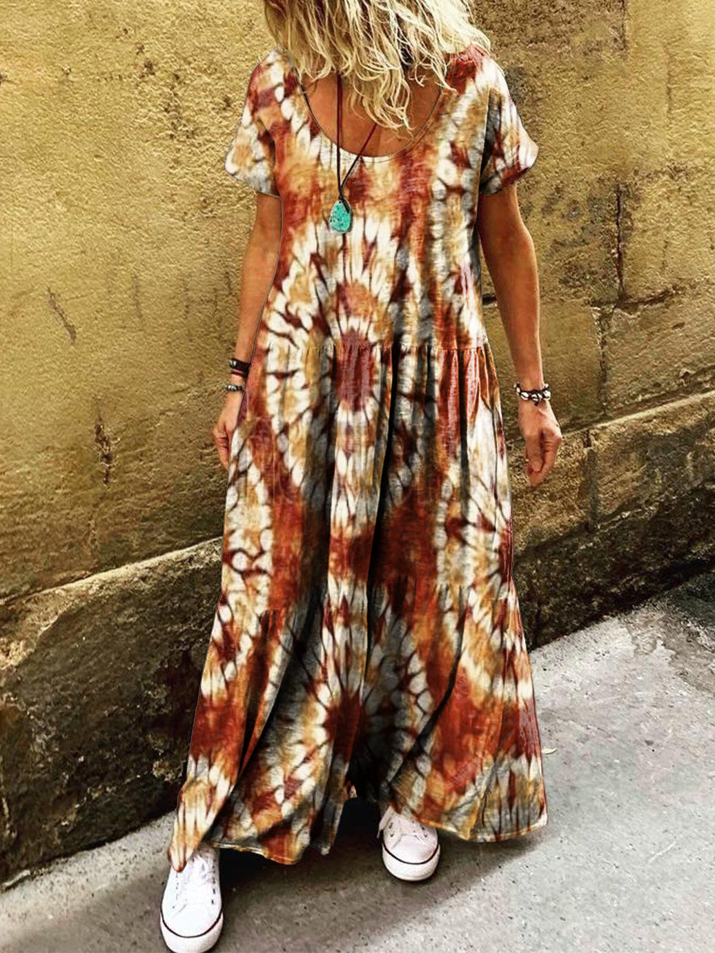 Women's Retro Ethnic Tie-dye Art Print Pocket Short Sleeve Cotton Dres