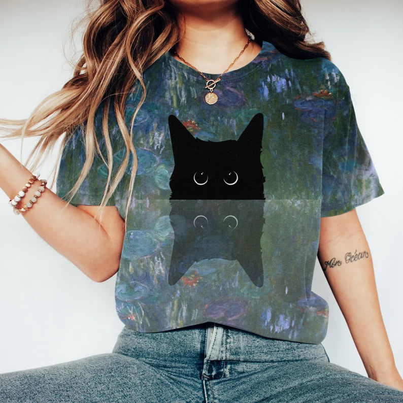 Women's Abstract Creative Cute Black Cat Oil Painting Art Print T-shirt elevenforest