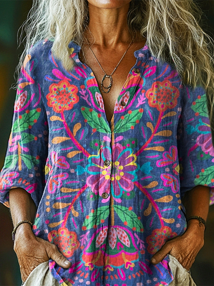 Women's Bohemian Floral Art Print Casual Cotton Pocket Shirt