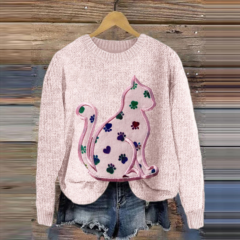 Cat's Paw Cat Patchwork Embroidery Art Crew Neck Cozy Sweater elevenforest