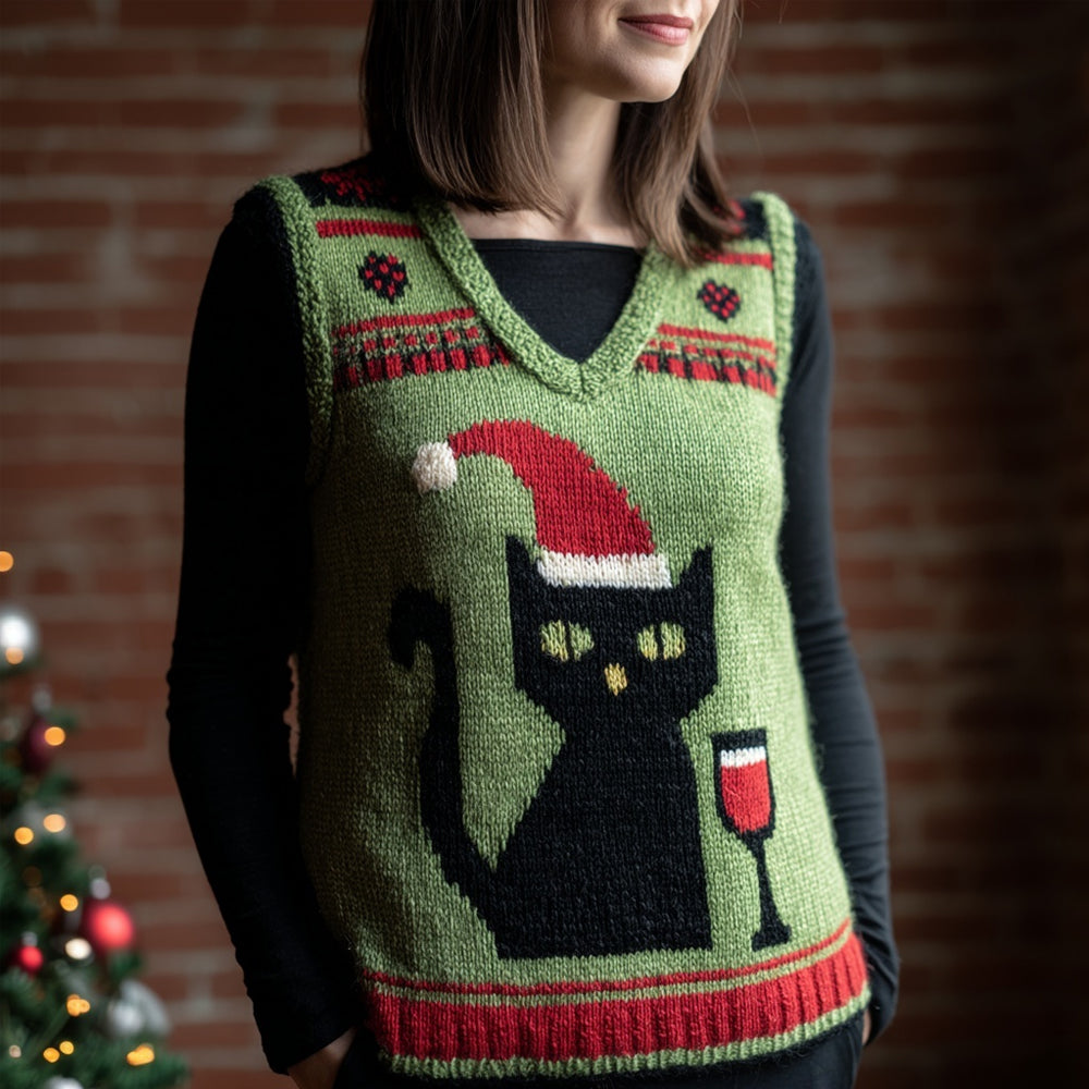 Comstylish Christmas Black Cat Pattern V Neck Comfy Knit Vest