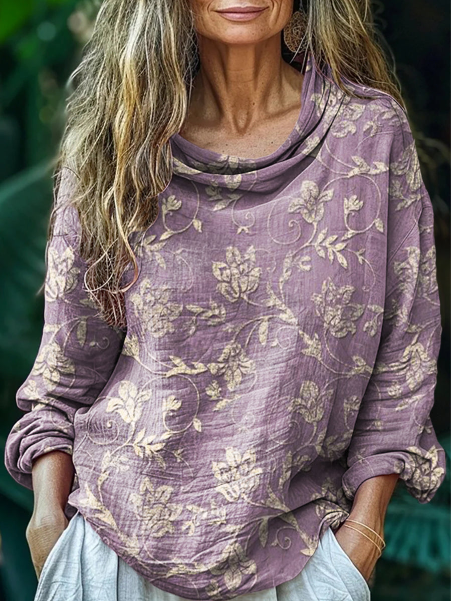 Women's Vintage Folk Flower Art Print Casual Stacked Lapel Long Sleeve