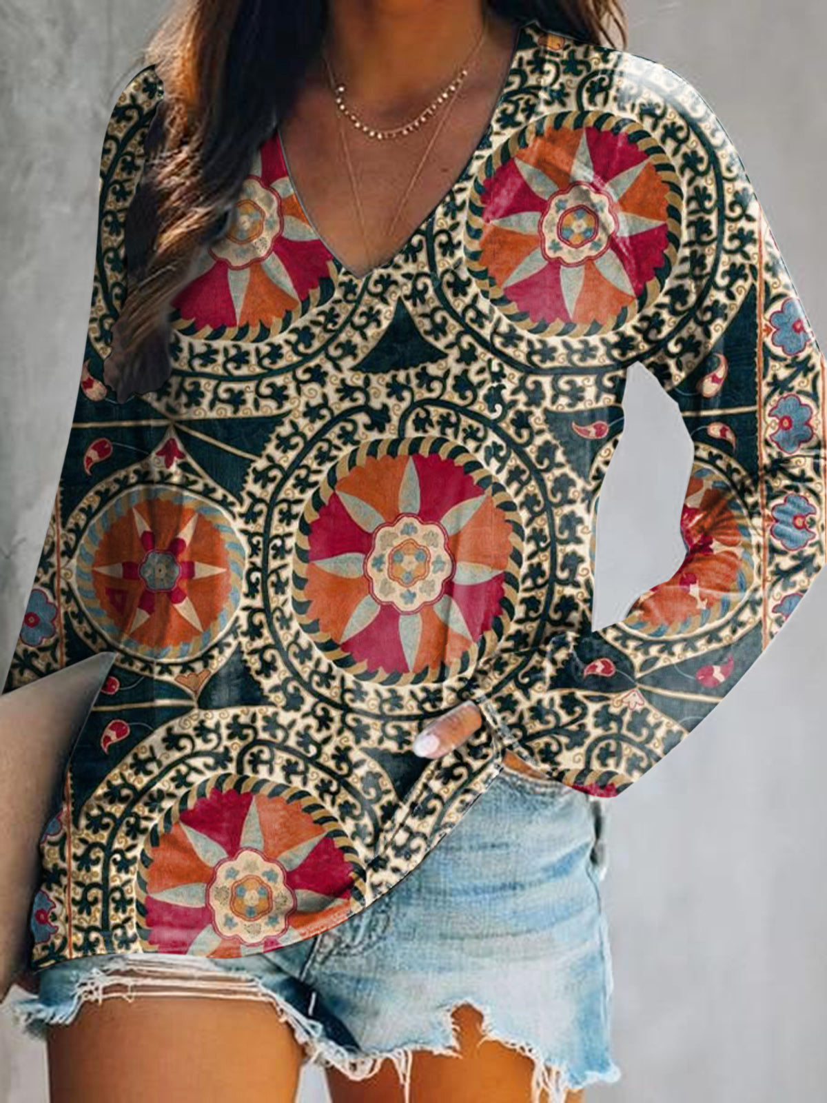 Women's Casual Vintage Bohemian Floral Art Print V Neck Long Sleeve To