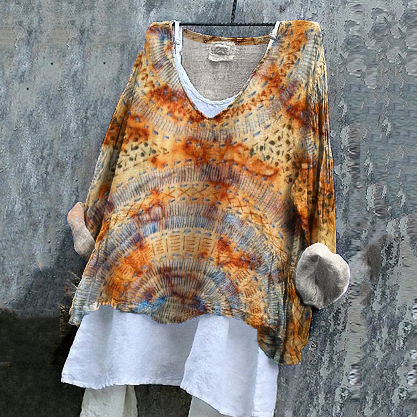 Women's Vintage Rust Dyed Art V-neck Linen Blend T-shirt artswardrobe
