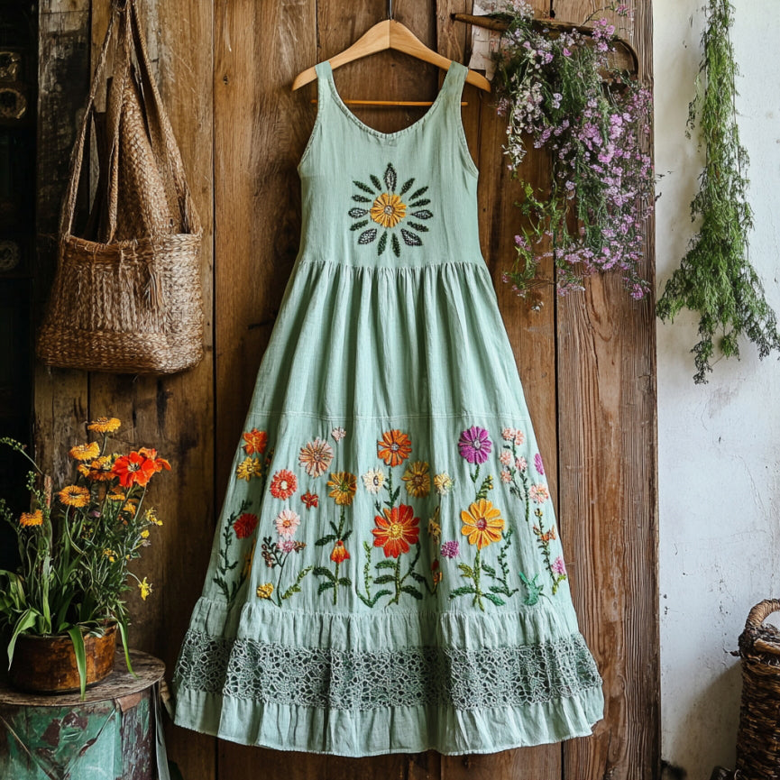 Vintage Boho Colorful Floral Embroidered Art Linen Tank Dress artswardrobe