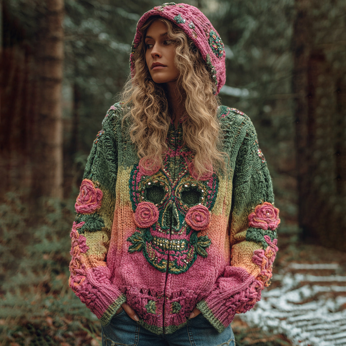 Women's Viking Tribal Jacquard Celtic With Red Rose And Skull Inspired Cozy Knitted Hooded Cardigan elevenforest