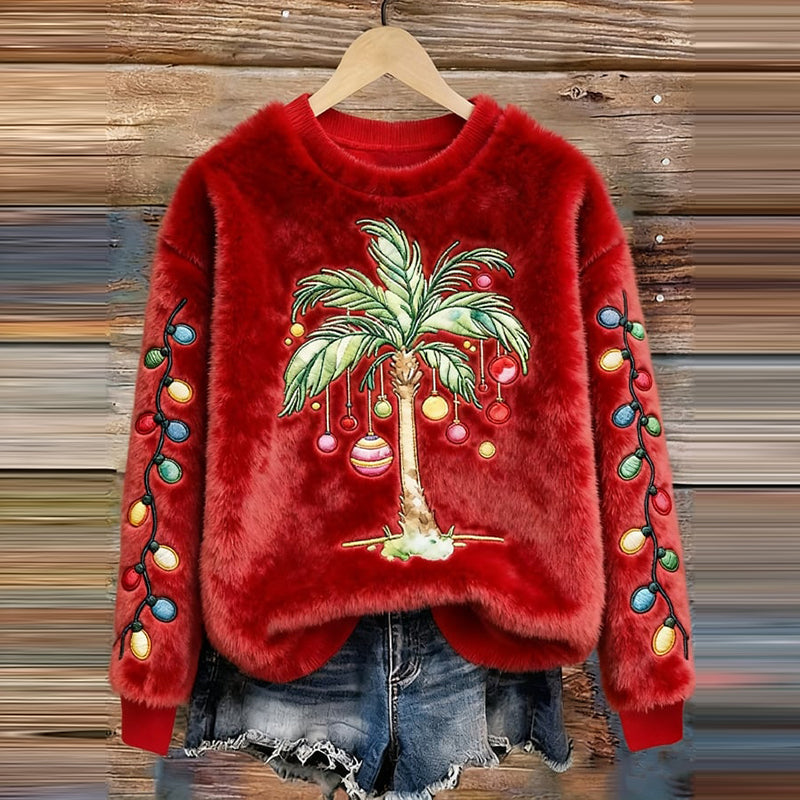 Women's Vintage Christmas Palm Tree Print Flannel Sweatshirt
